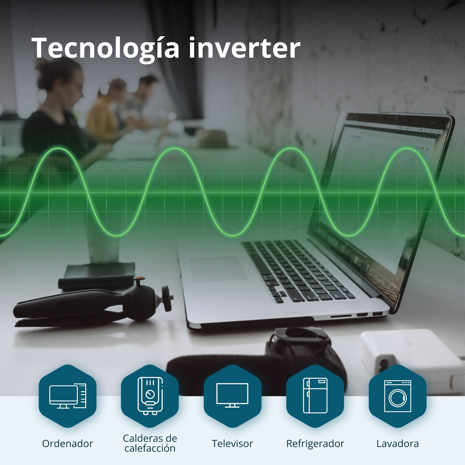 Un ordenador portátil en un escritorio con una onda verde superpuesta. Texto e iconos indican tecnología inverter.