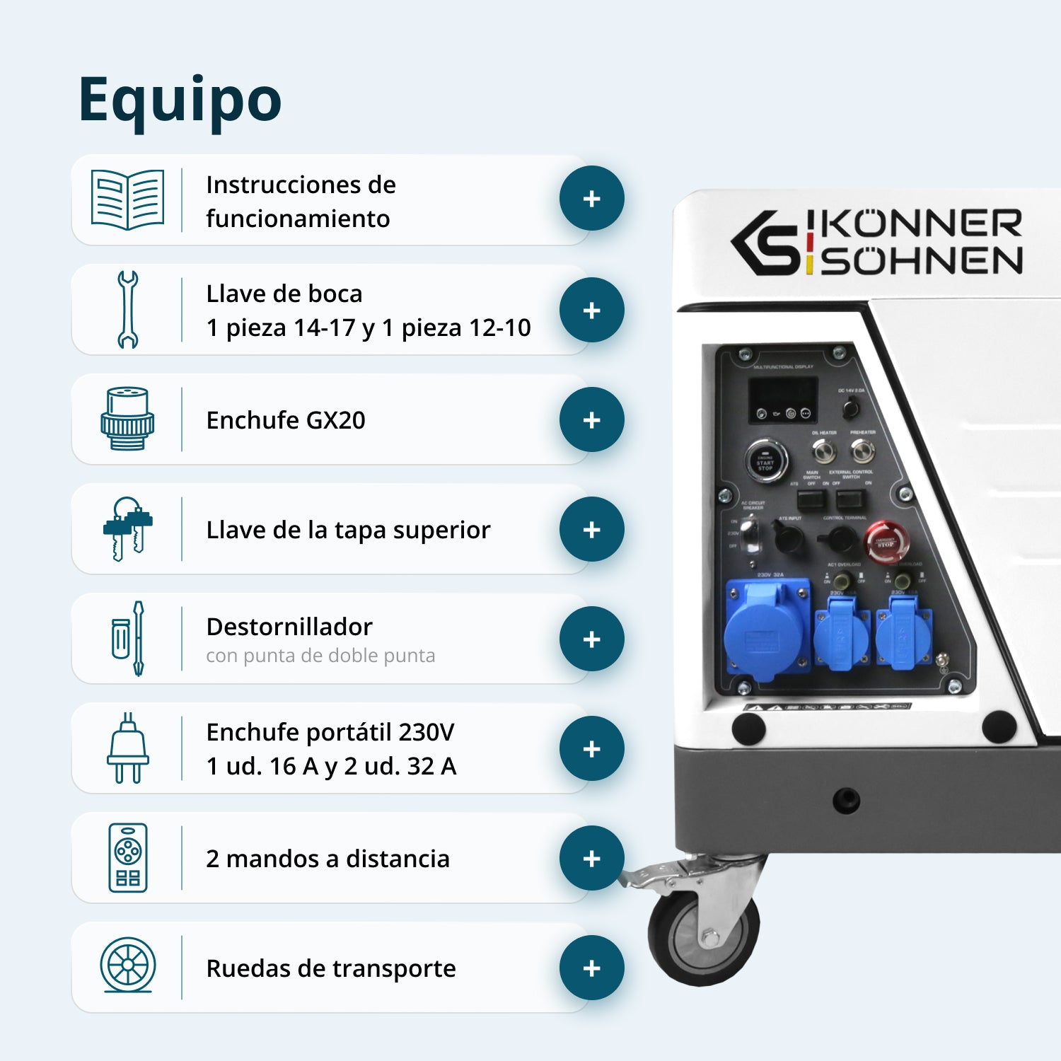 Lista de accesorios del generador con iconos, descripciones y una vista parcial del generador a la derecha.