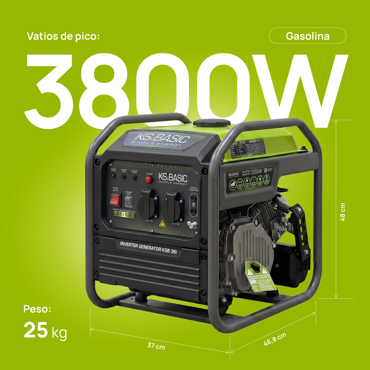 Zielony i czarny generator falownikowy 3800W na zielonym tle.