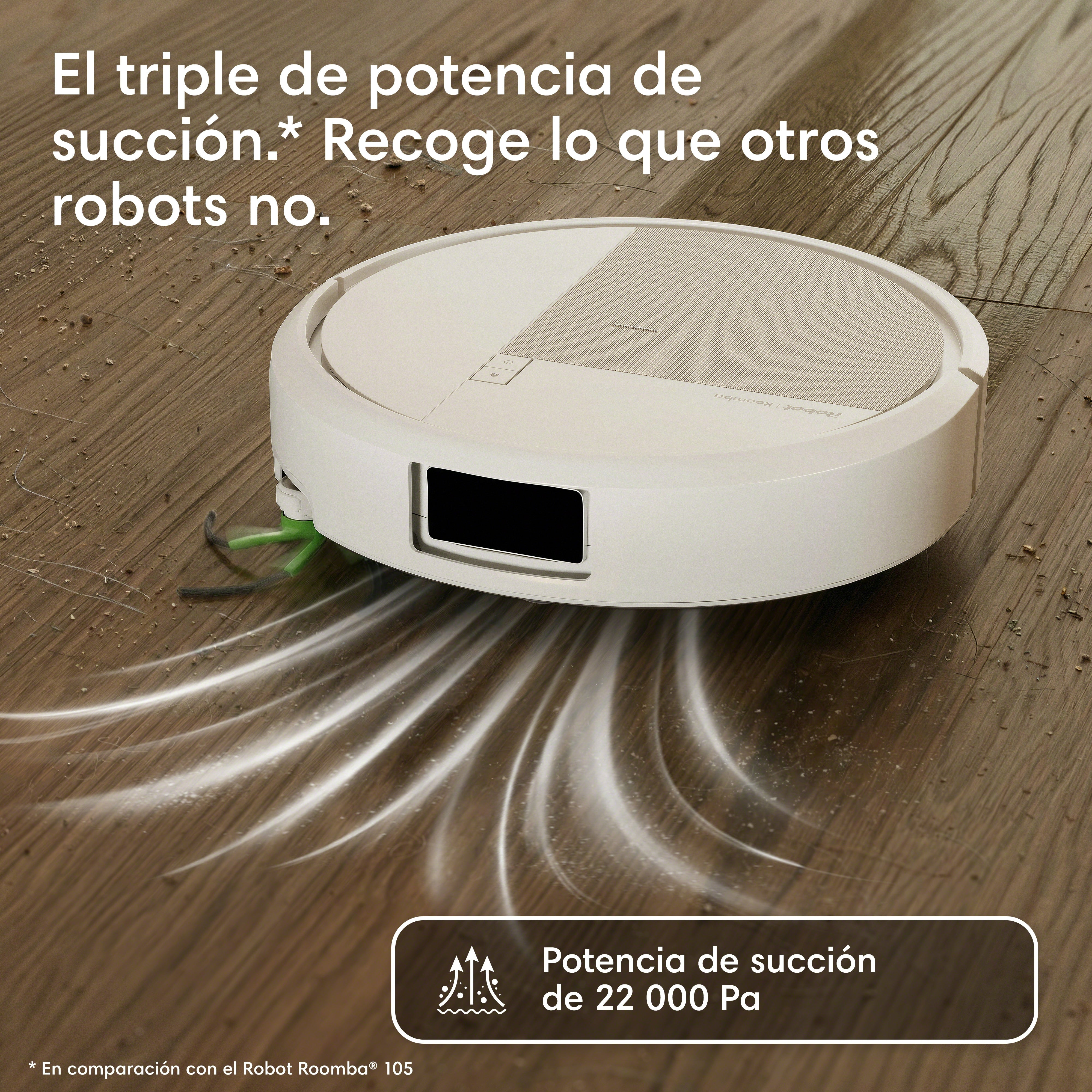 Un robot aspirador blanco en un suelo de madera con líneas de succión visibles y texto promocional.