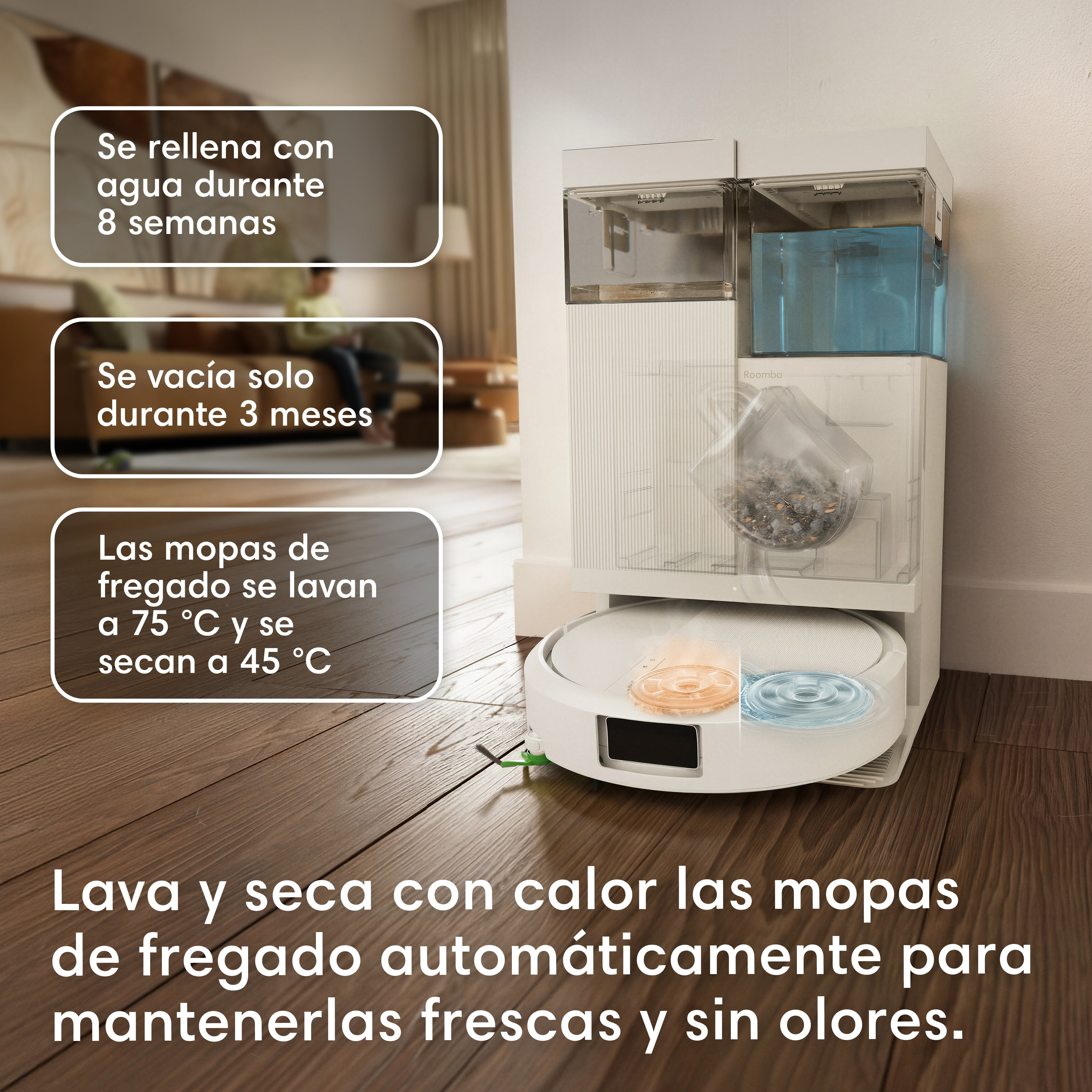Una base de carga para robot aspirador Roomba en suelo de madera, con compartimentos de agua y polvo.