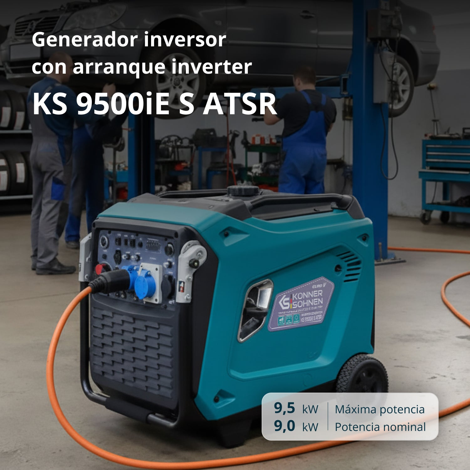 Generador inversor azul turquesa KS 9500iE S ATSR en un taller, conectado a un cable naranja.