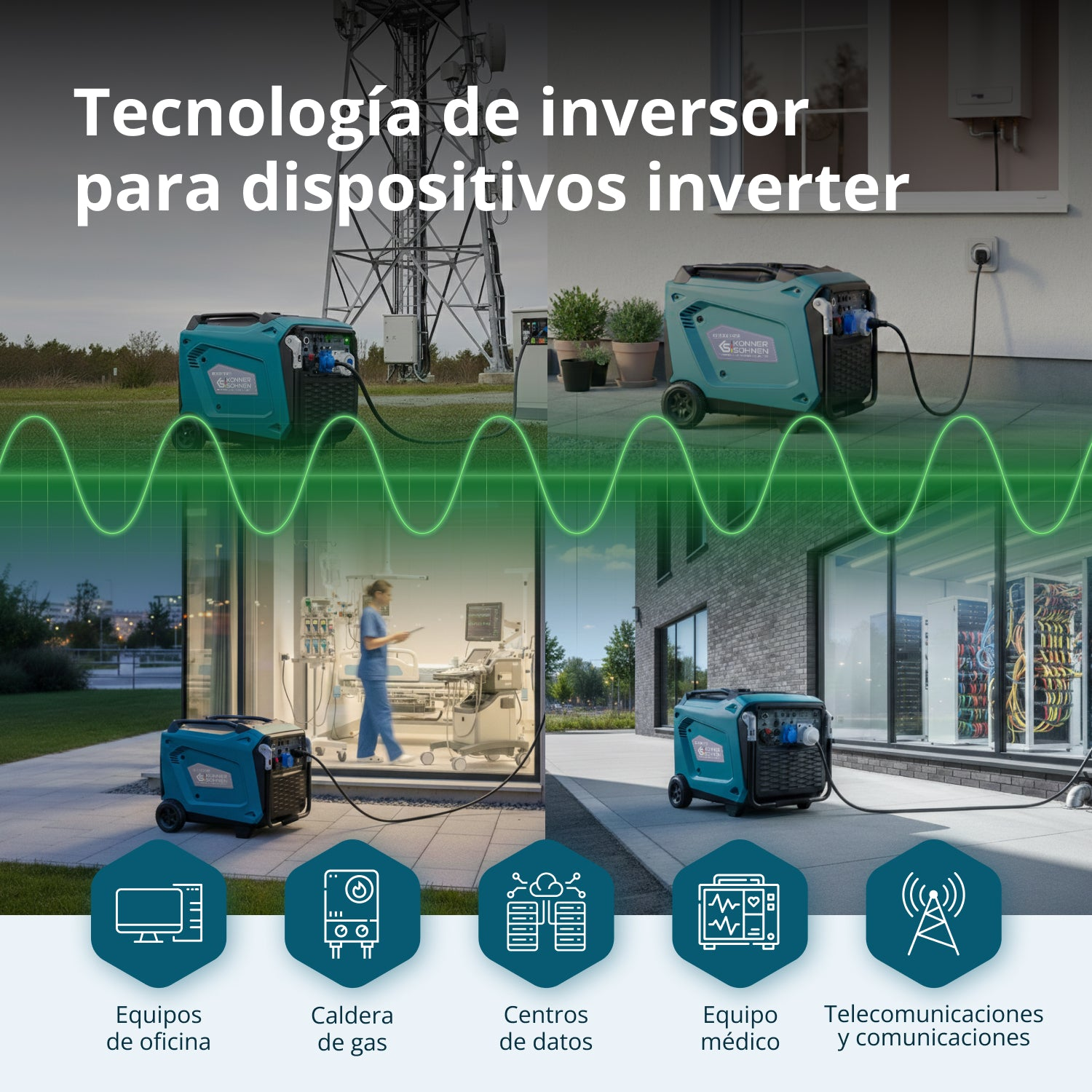 Cuatro imágenes muestran generadores inversores azules en diversos entornos con una onda sinusoidal verde e iconos.