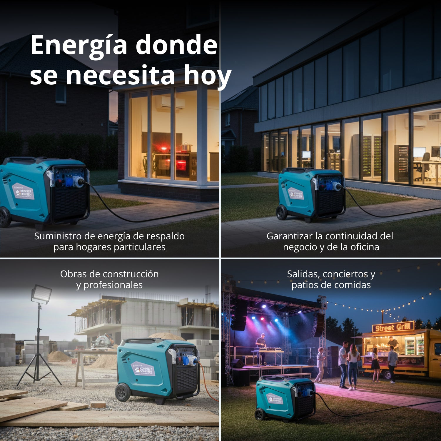 Cuatro imágenes muestran generadores eléctricos azulados en uso en el hogar, oficinas, obras y eventos.