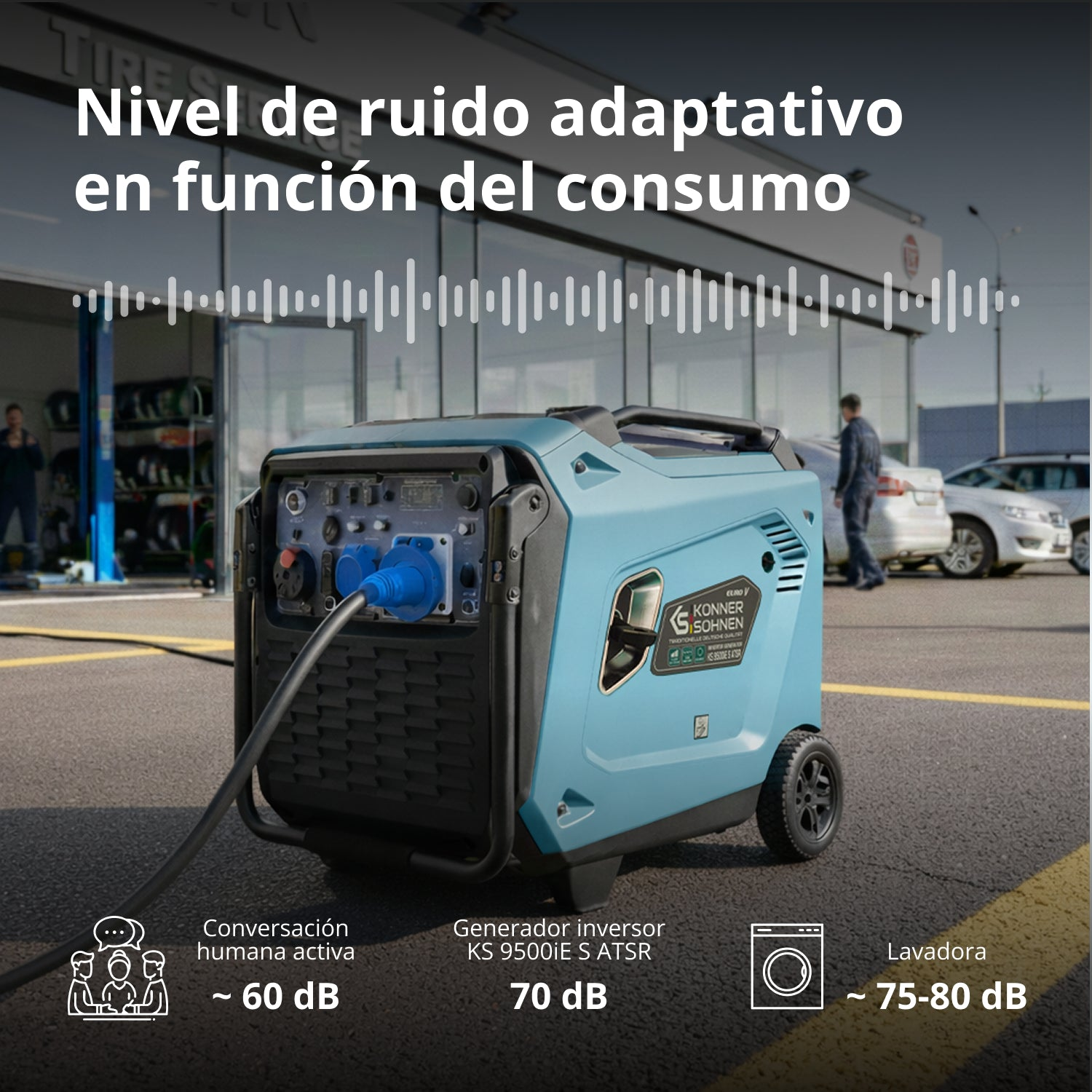 Un generador inversor azul con ruedas al aire libre y un cable enchufado, mostrando niveles de ruido.