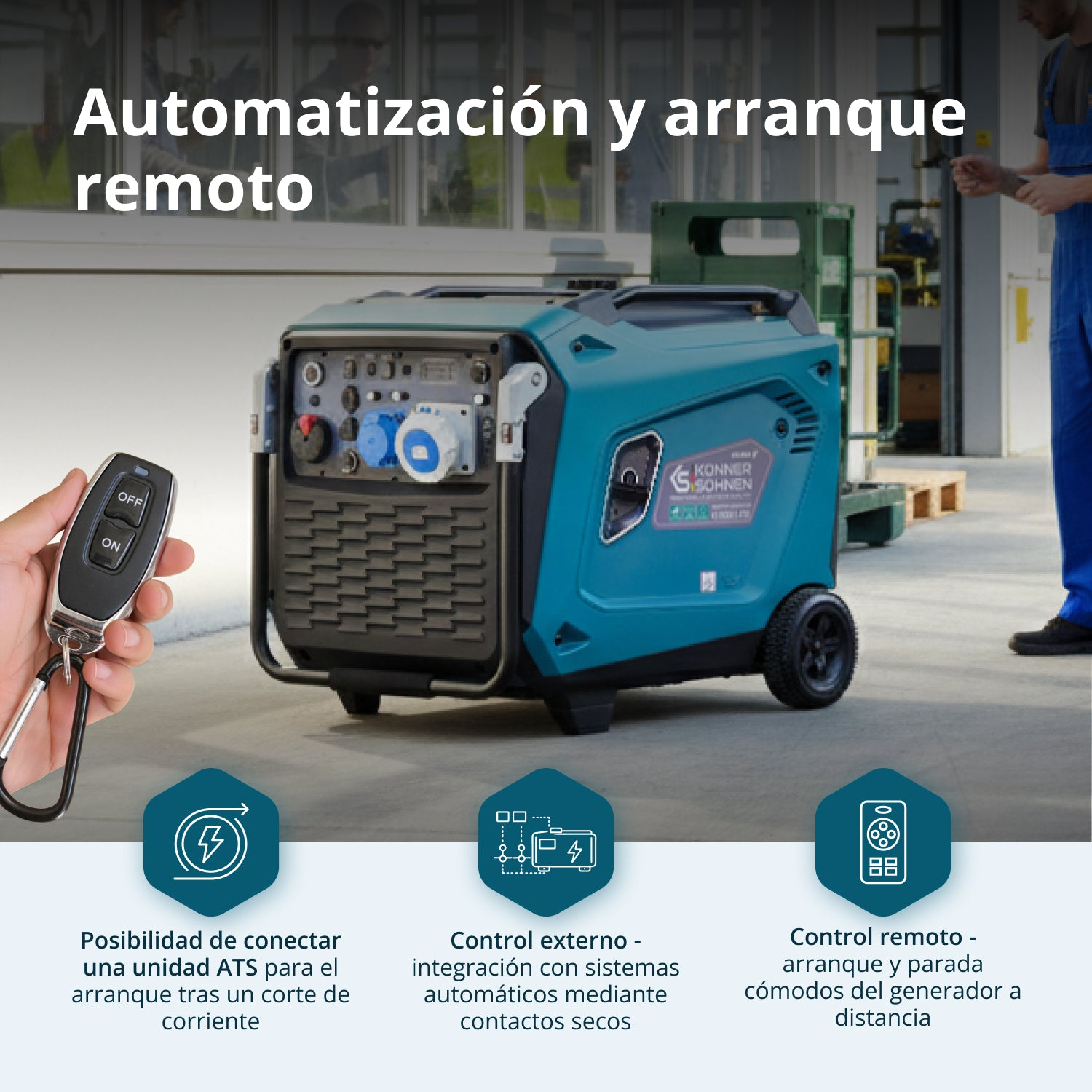 Un generador inverter azul se controla a distancia mediante un mando.