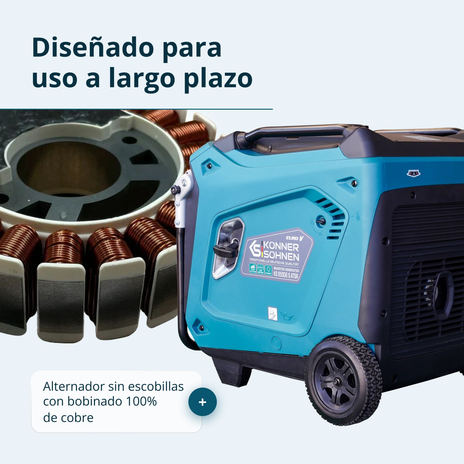 Un generador inversor azul junto a un alternador sin escobillas con bobinado de cobre.