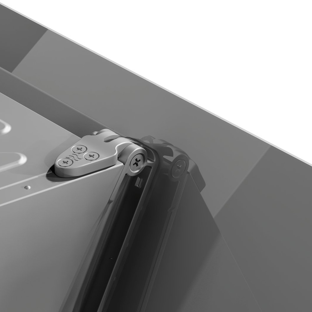 A grey metal hinge is mounted on a smooth, reflective surface.