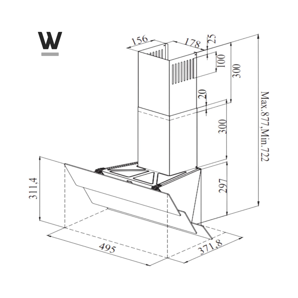 Technical drawing of a cooker hood with dimensional measurements in millimeters.