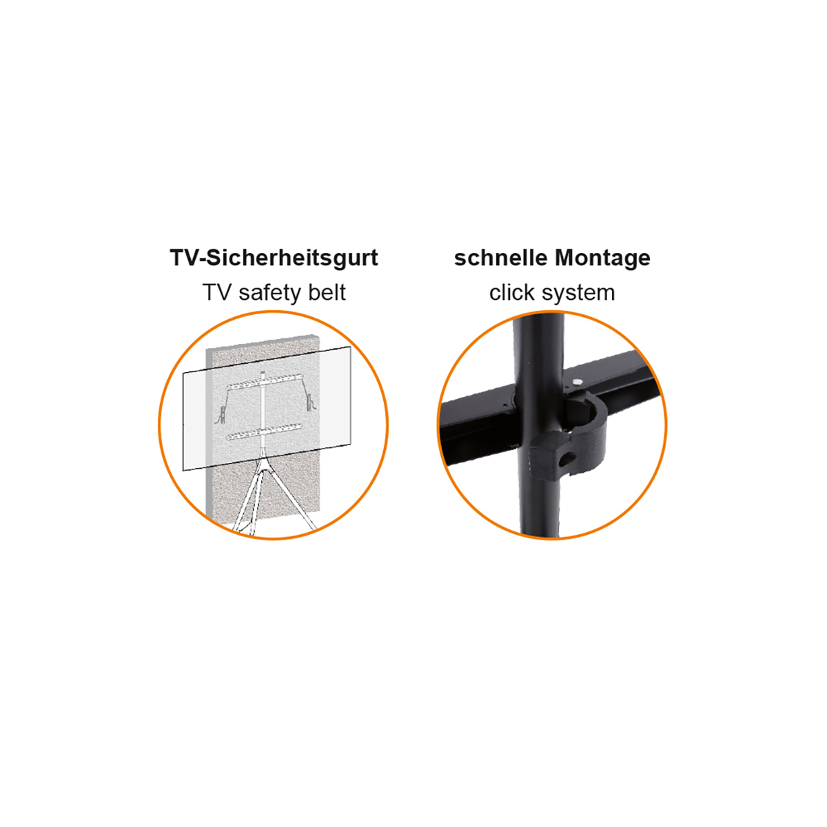 Zwei Diagramme zeigen einen TV-Sicherheitsgurt und ein Schnellmontage-Klicksystem.