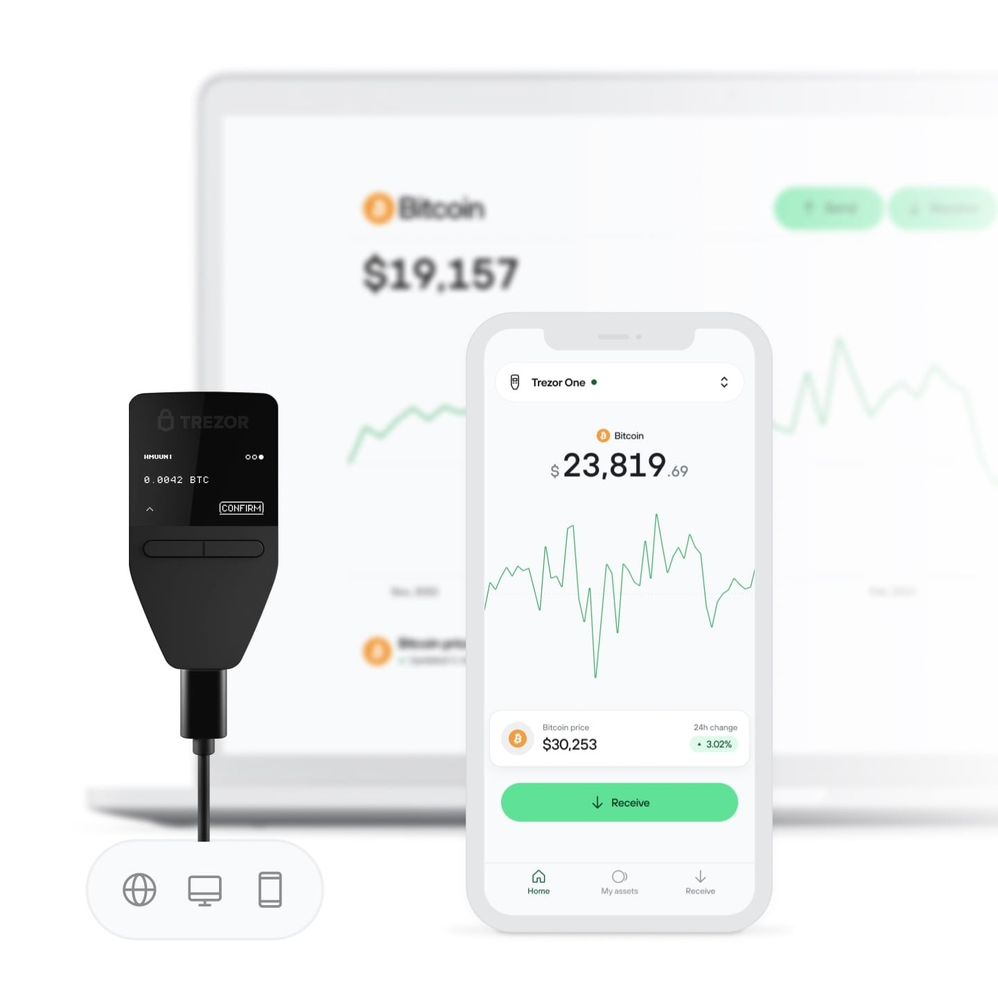 Ein Trezor-Hardware-Wallet an Smartphone und Laptop zeigt Bitcoin-Preise und Portfolio-Apps.