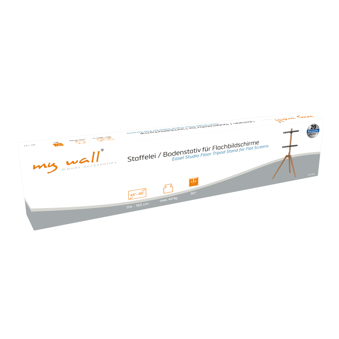 Weisse Produktbox für My Wall Staffelei-Bodenstativ, zeigt Text und eine Produktabbildung.