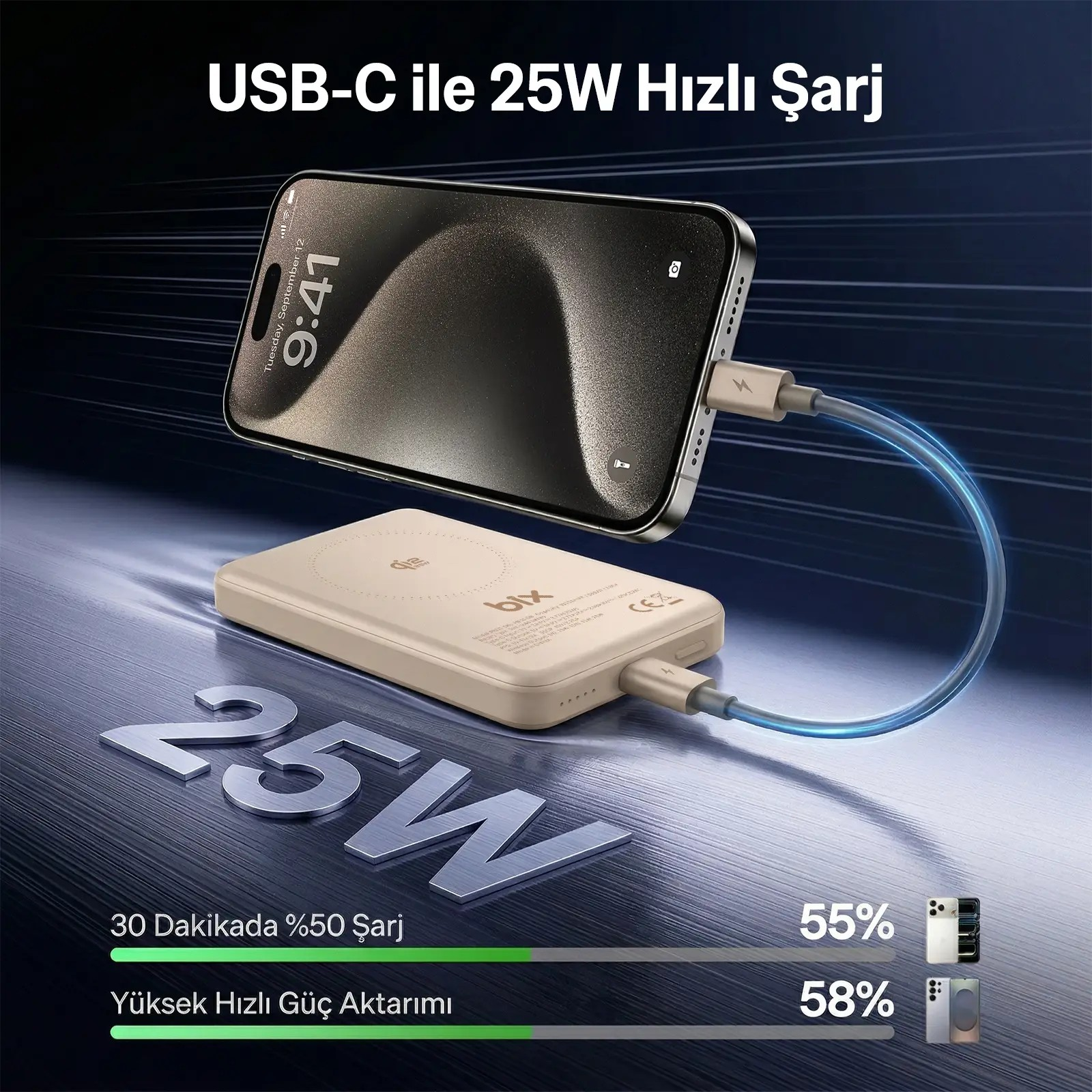 Metalik arka planda USB-C kablosuyla bej renkli bir taşınabilir şarj cihazından şarj olan bir akıllı telefon.