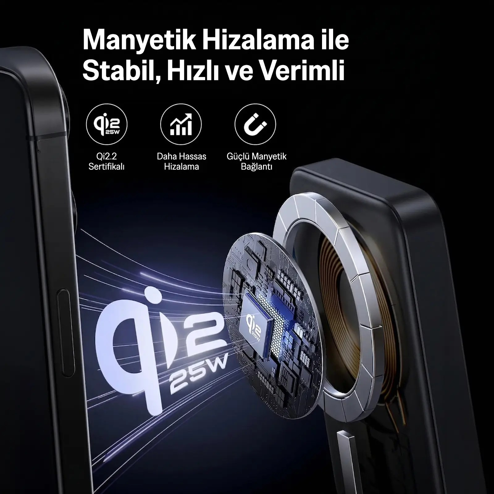 Mıknatıslar ve çip ile Qi2 25W şarj teknolojisini gösteren şema.