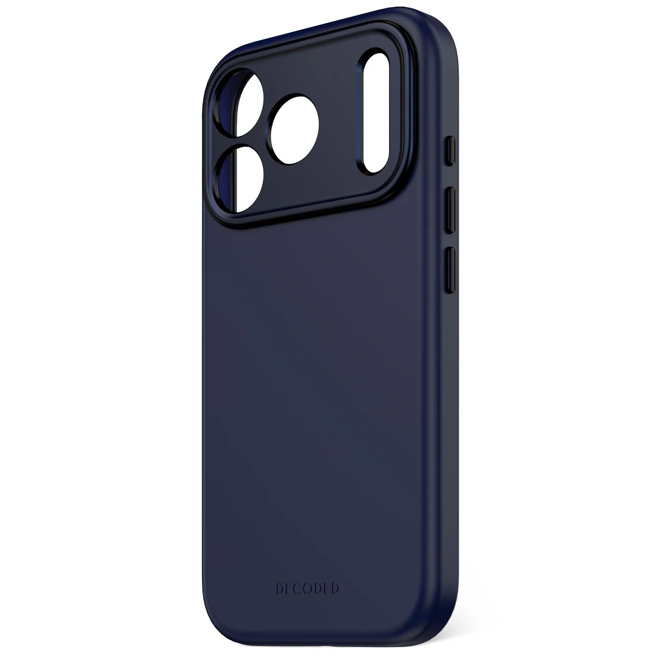 Dunkelblaue Smartphone-Hülle mit Kamera-Aussparungen und Markenlogo auf der Rückseite.