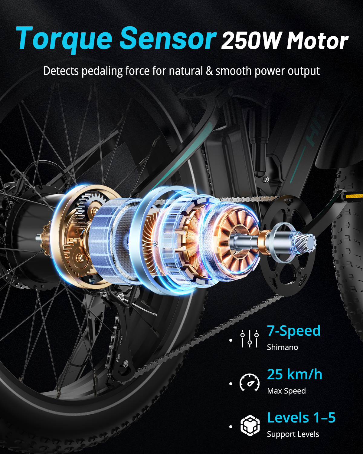 Schemat silnika z czujnikiem momentu obrotowego 250W, 7-biegowym Shimano, prędkością 25 km/h i 5 poziomami.