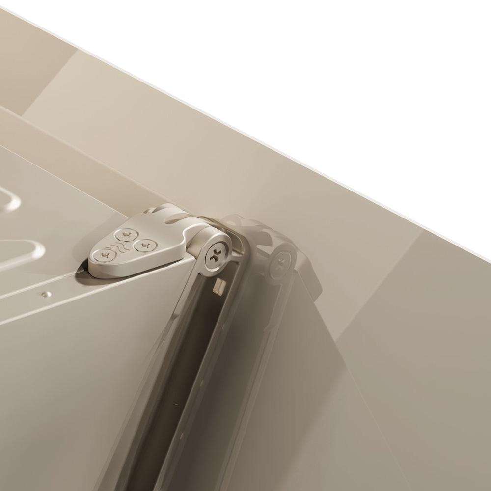 A close-up of a hinge connecting two beige panels against a neutral background.