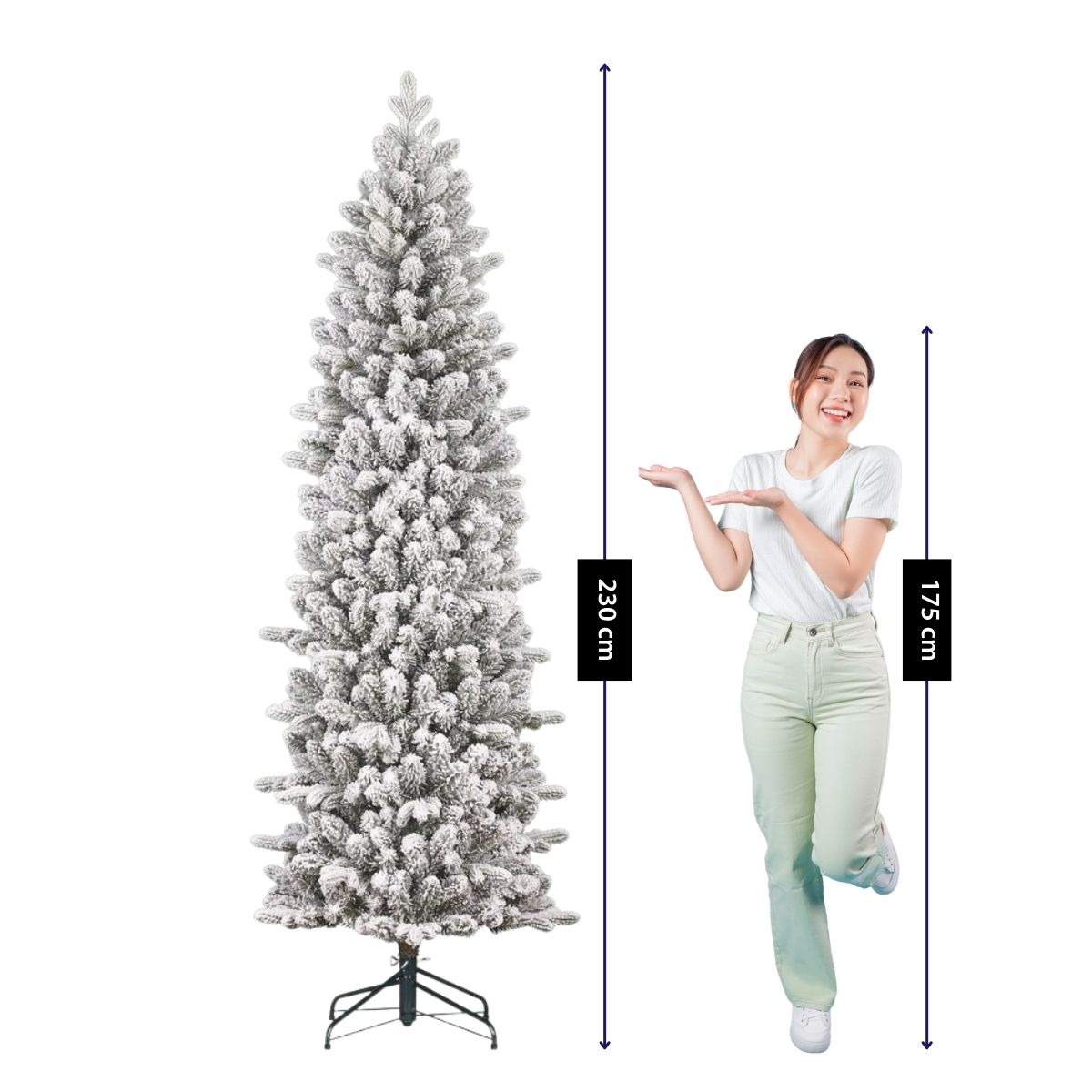 A woman stands next to a 230 cm tall snowy artificial Christmas tree, with height markers displayed.