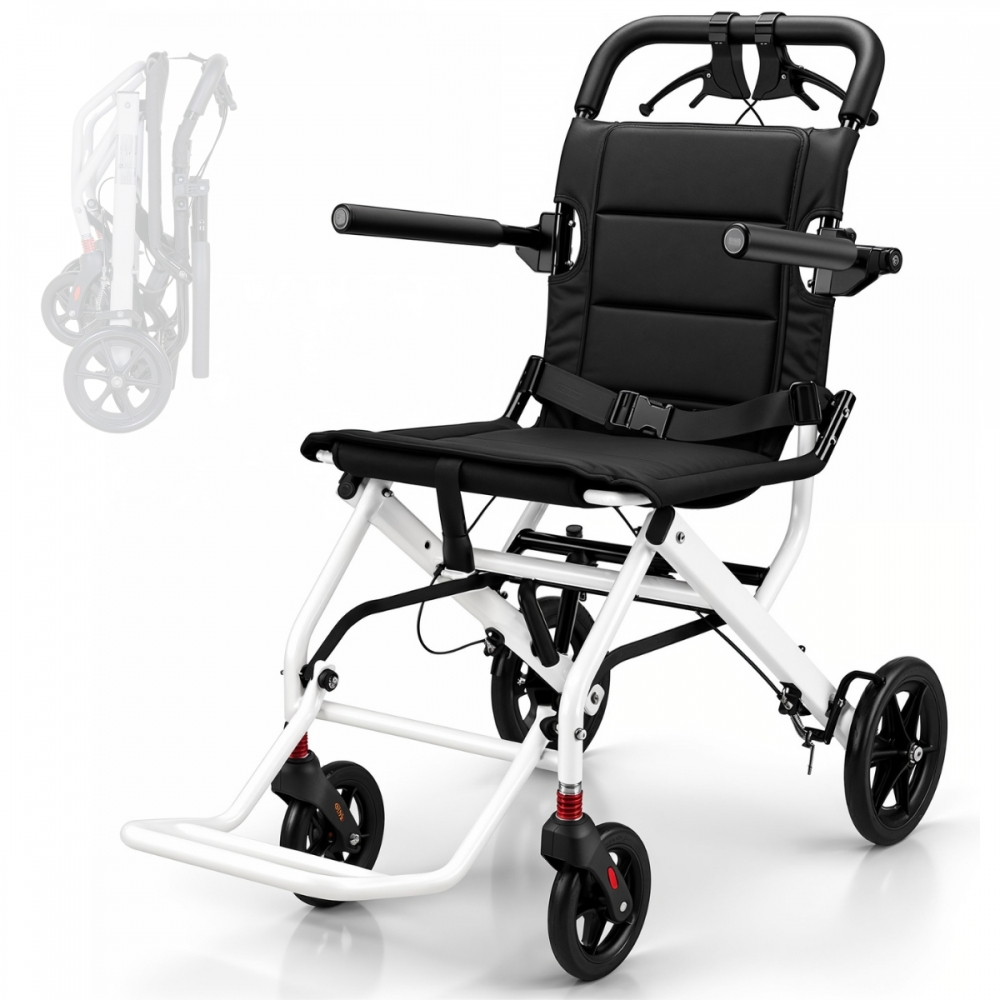 Una silla de ruedas plegable blanca con cojines negros, reposabrazos y cinturón de seguridad, fondo blanco.