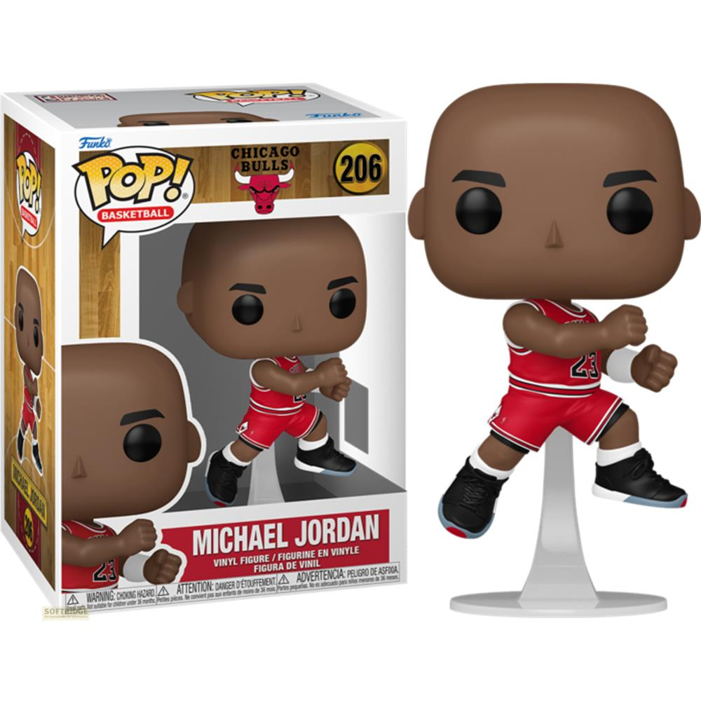 Figurka winylowa Funko Pop Michael Jordan w czerwonej koszulce Chicago Bulls obok pudełka.