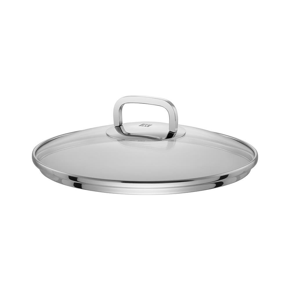 Ein runder Glas-Topfdeckel mit poliertem Edelstahlrand und passendem Griff auf weißem Hintergrund.