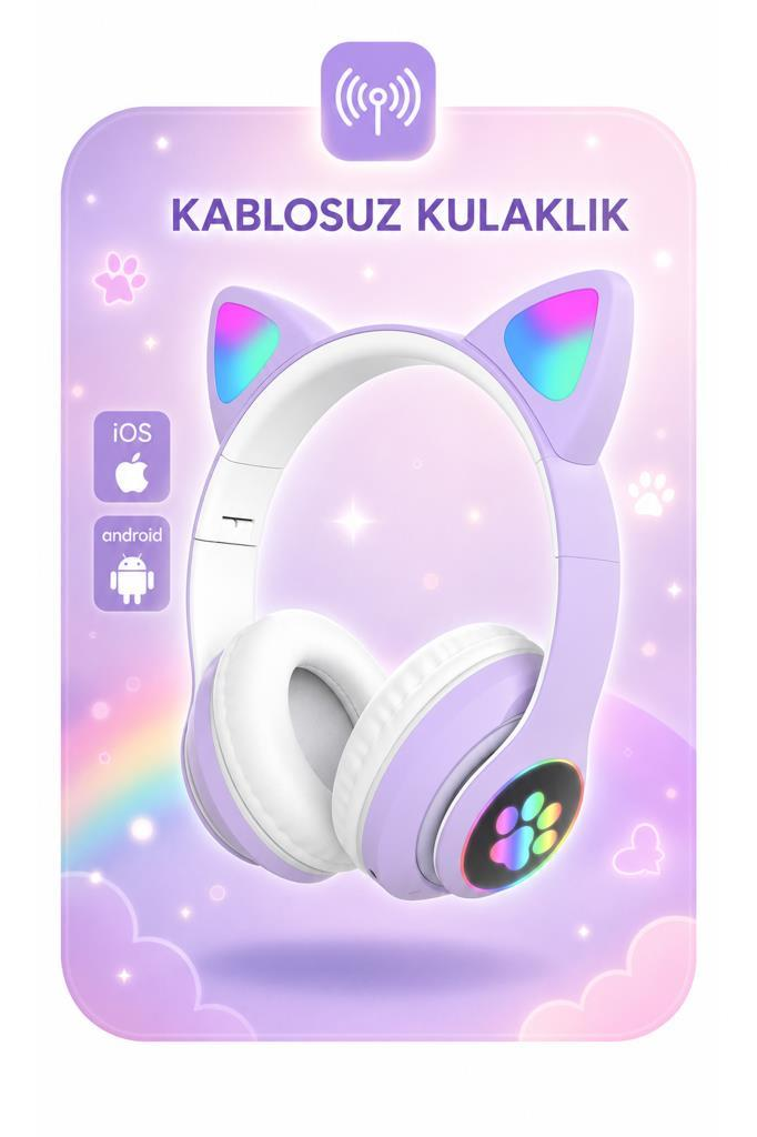 Işıltılı arka planda kedı kulaklı ve parlayan patili mor kablosuz kulaklık.