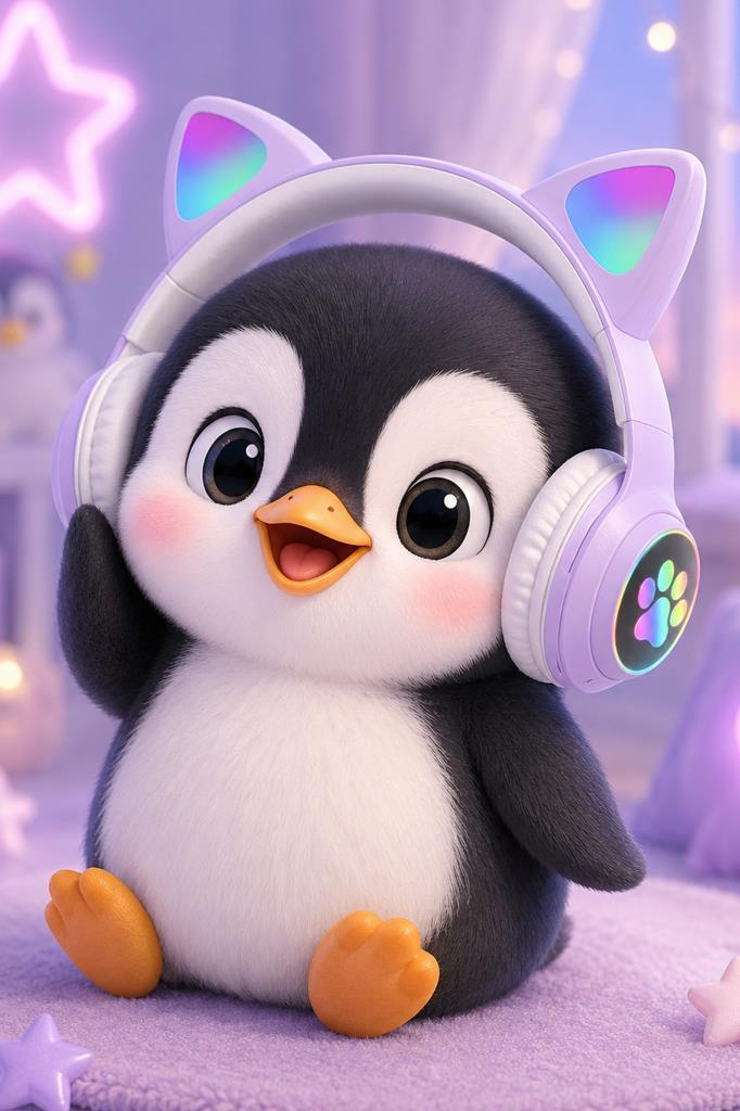 Mor kedi kulaklı kulaklık takan ve pembe yanaklı sevimli bir bebek penguen mor battaniye üzerinde oturuyor.