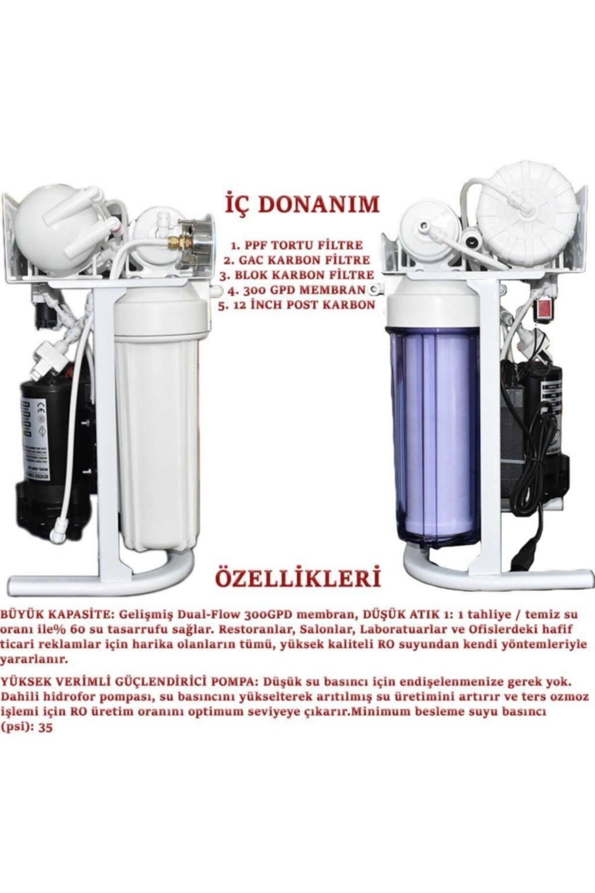 Beyaz arka planda filtreler, pompa ve tanklar bulunan su arıtma sistemi.