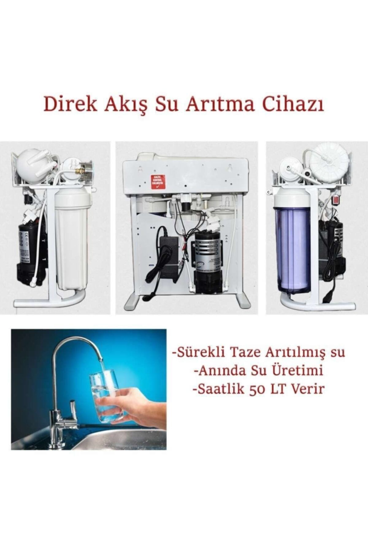 Filtreli, pompalı ve bardak dolduran musluklu direk akış su arıtma cihazı.