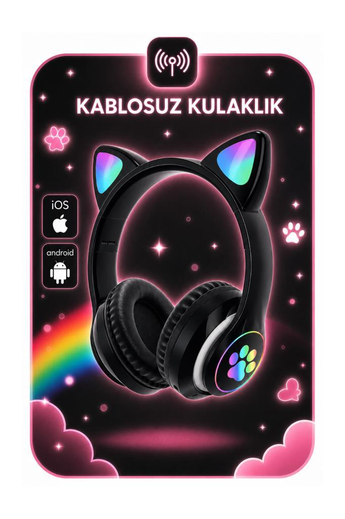Pembe arka planda renkli isikli ve patili siyah kablosuz kedikulakli kulaklik.