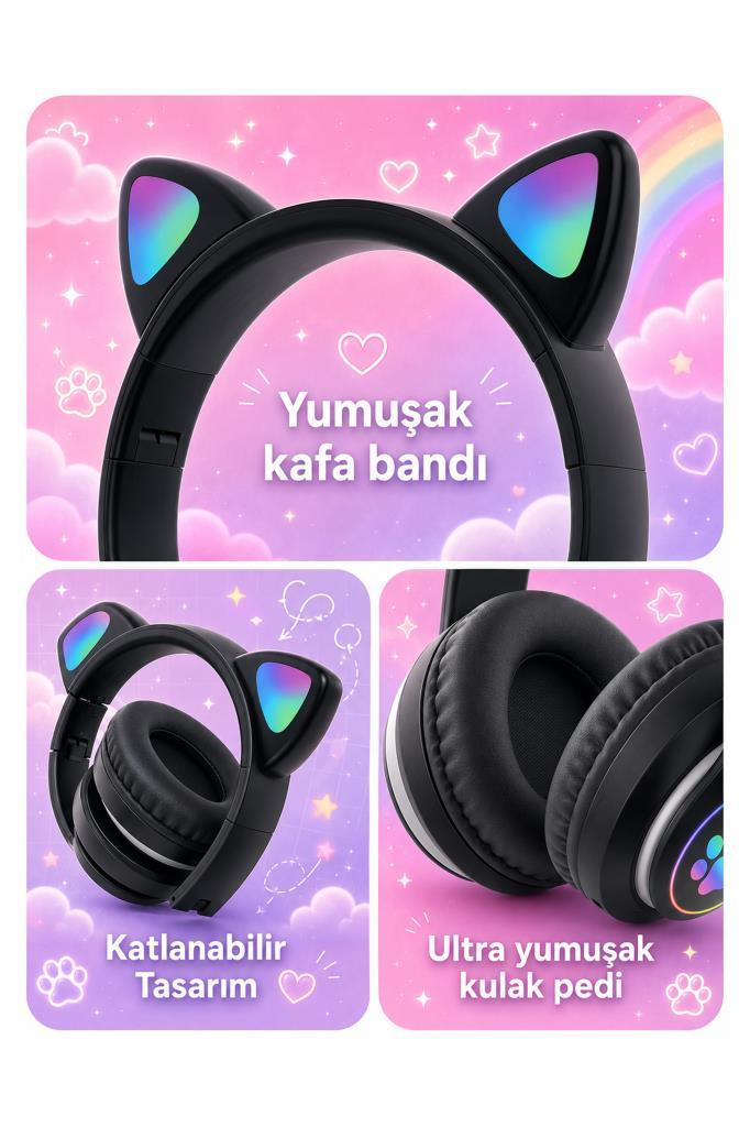 Yumuşak kafa bandı, katlanabilir tasarım ve rahat kulak pedlerine sahip siyah kedi kulaklı kulaklık.