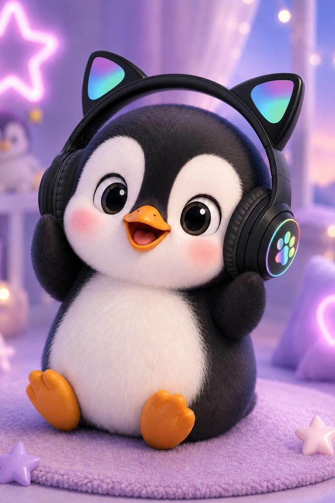 Pembe yanaklı ve parlayan kedi kulaklı kulaklığa sahip sevimli bir penguen mor bir halı üzerinde oturuyor.