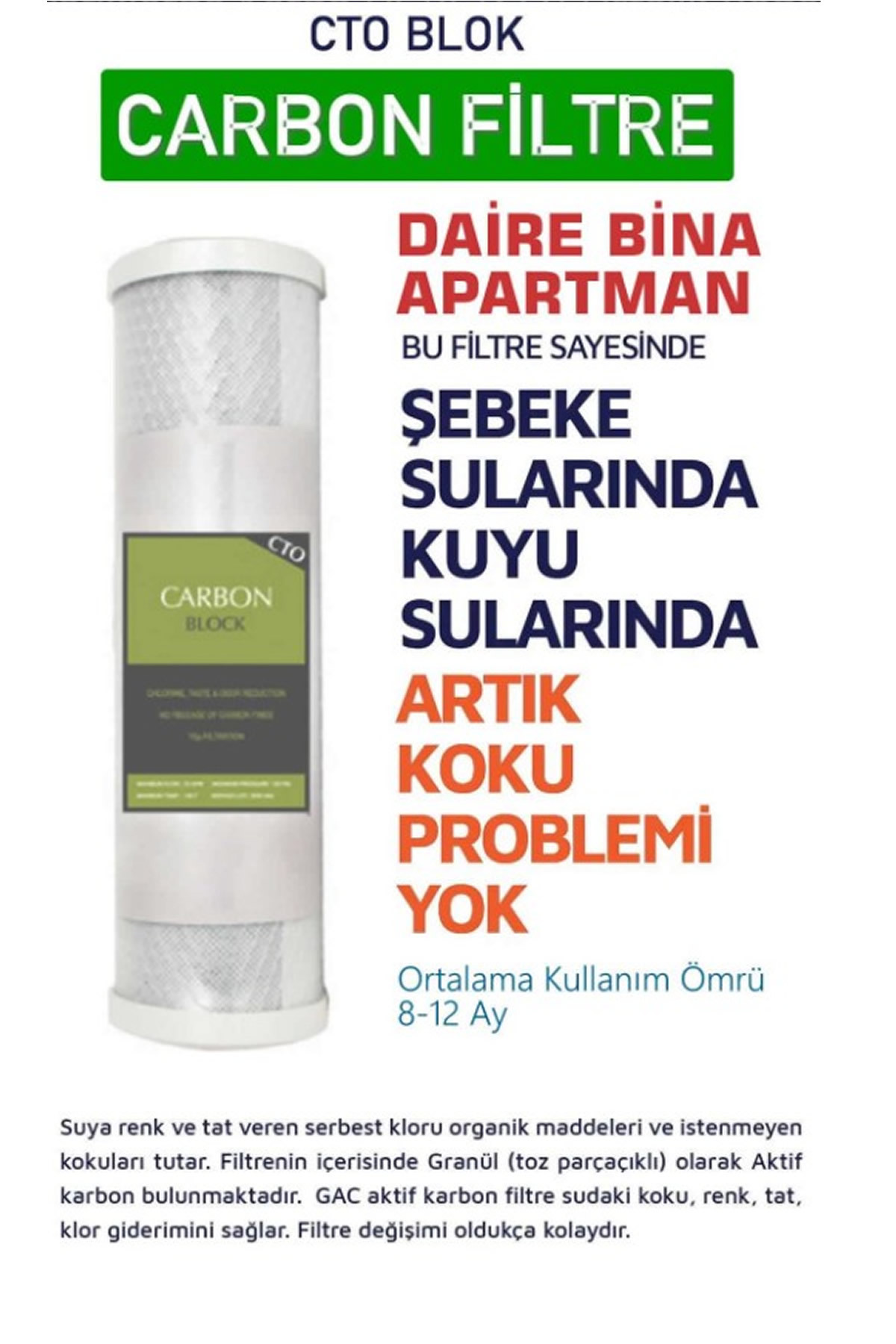 Koku ve tat problemlerini giderdiğini belirten Türkçe tanıtım yazılı beyaz ve yeşil CTO karbon blok filtre.