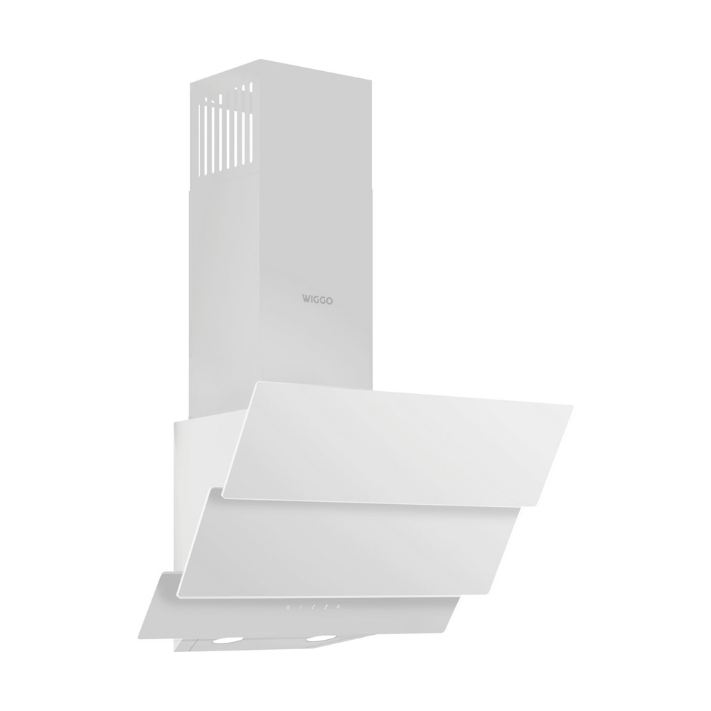 Modern white kitchen extractor hood with angled glass panels and a chimney on a white background.