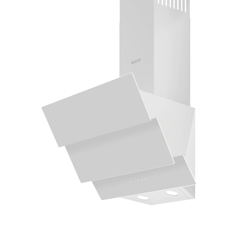 A white inclined cooker hood with a glass front and WIGGO logo on a light background.