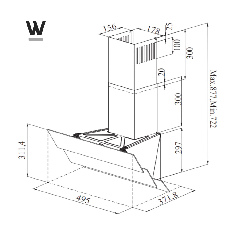 Technical drawing of a cooker hood with dimensional measurements.