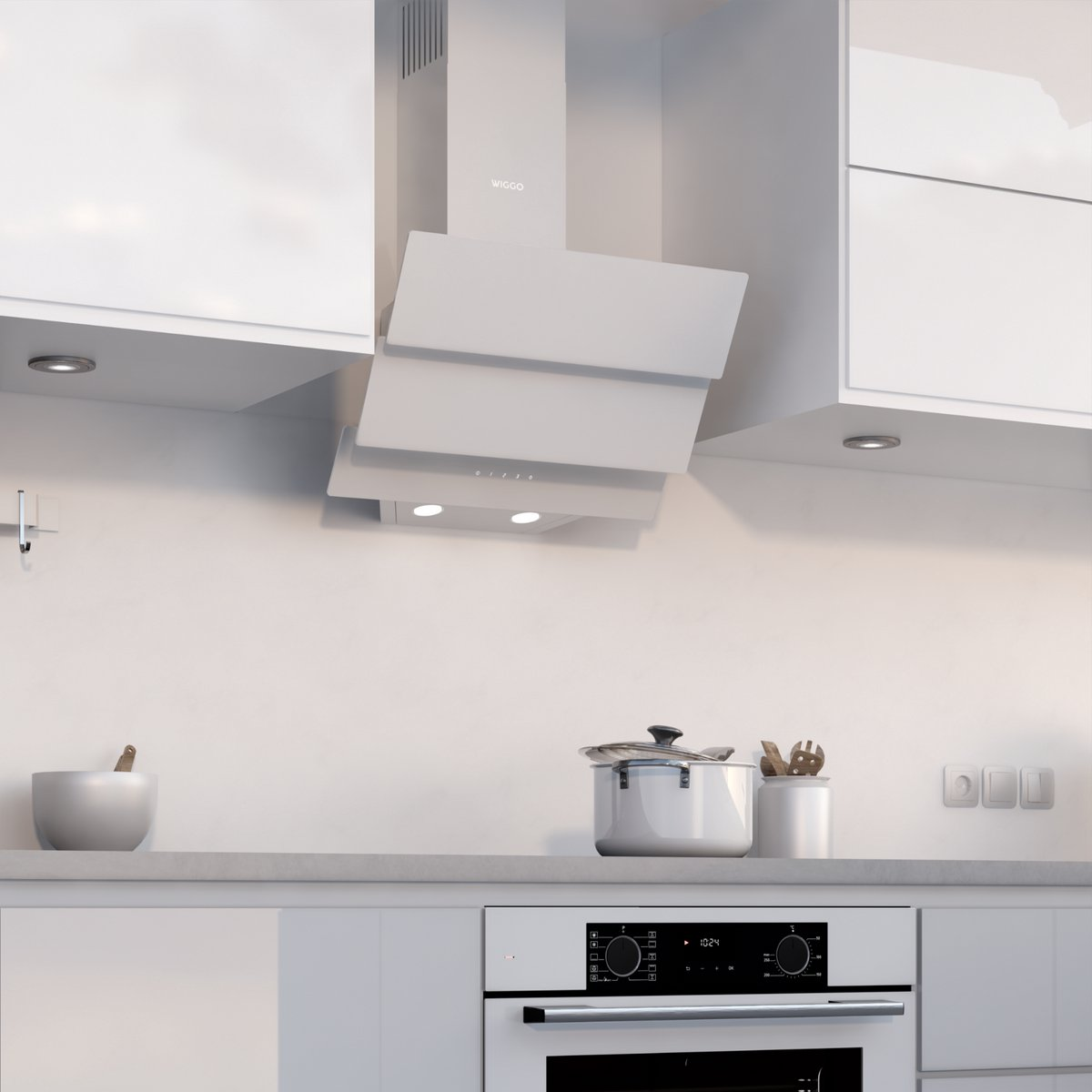 A modern kitchen features white cabinets, a range hood, an oven, and a pot on the counter.