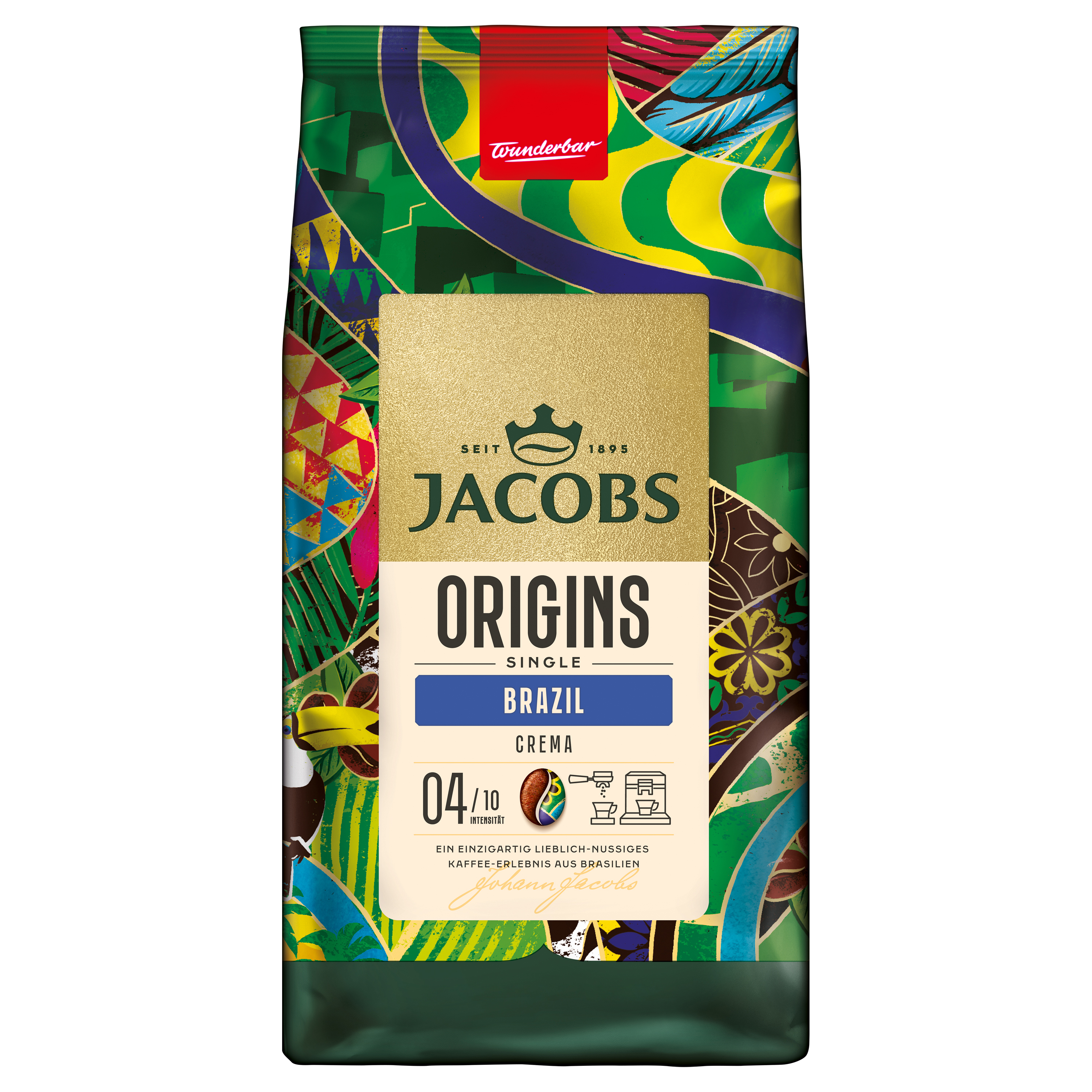 Bunte Jacobs Origins Brazil Kaffeetüte mit goldenem Logo auf gemustertem grünem Hintergrund.