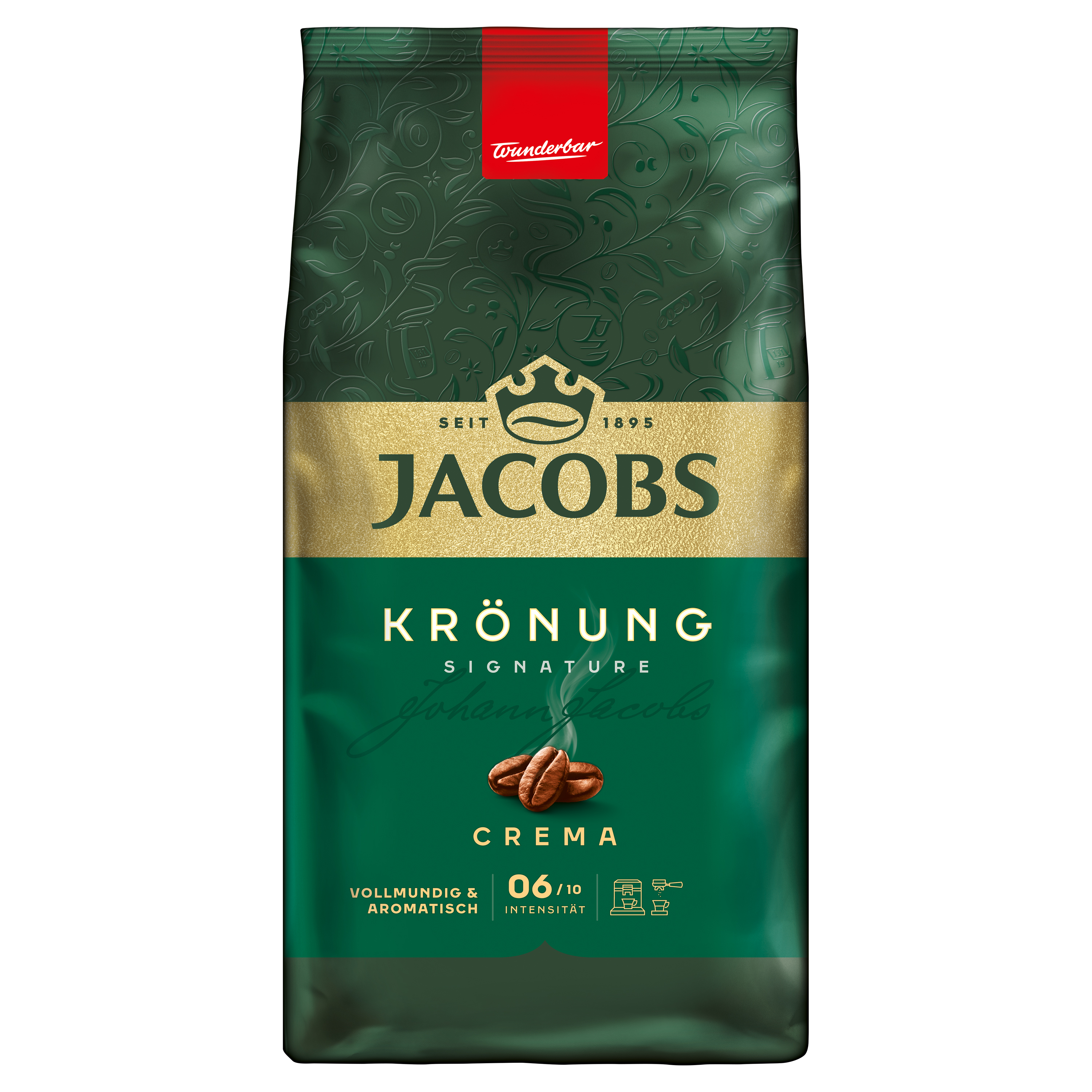 Grüne Jacobs Krönung Kaffeeverpackung mit goldener Krone, Kaffeebohnen und Aufschrift Krönung Crema.
