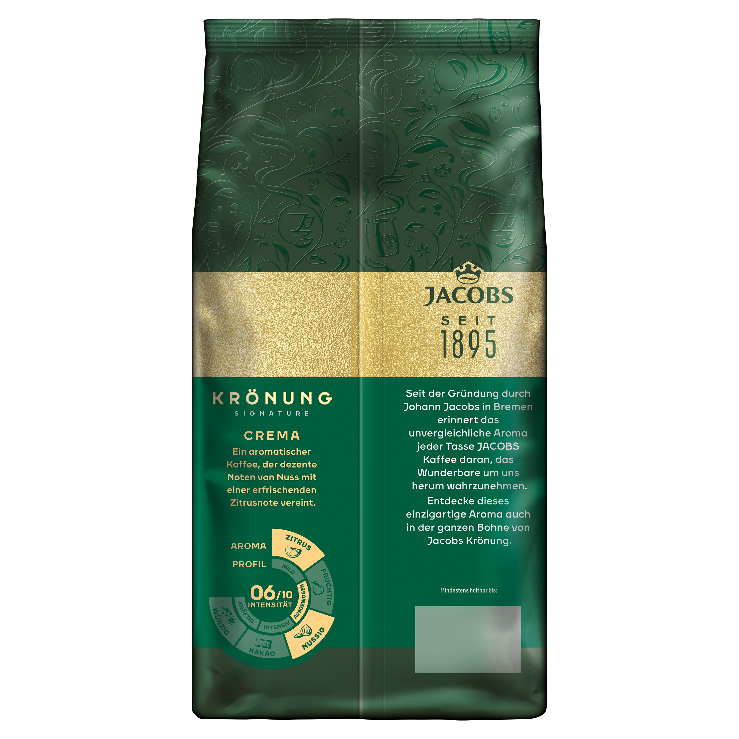 Dunkelgrüne Jacobs Krönung Kaffeetüte mit goldenem Text, Kronen-Logo und Geschmacksprofil-Rad vorne.