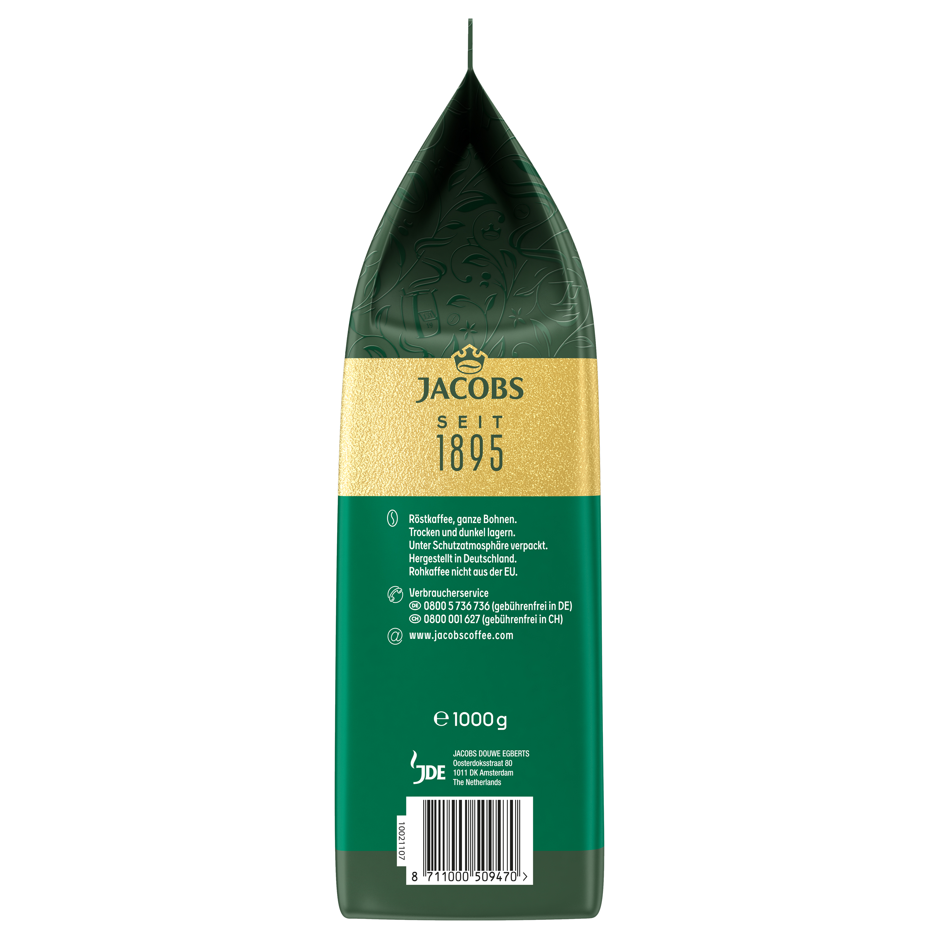 Grüne Jacobs Kaffeetüte mit goldenem Band, Text und Barcode auf der Rückseite.