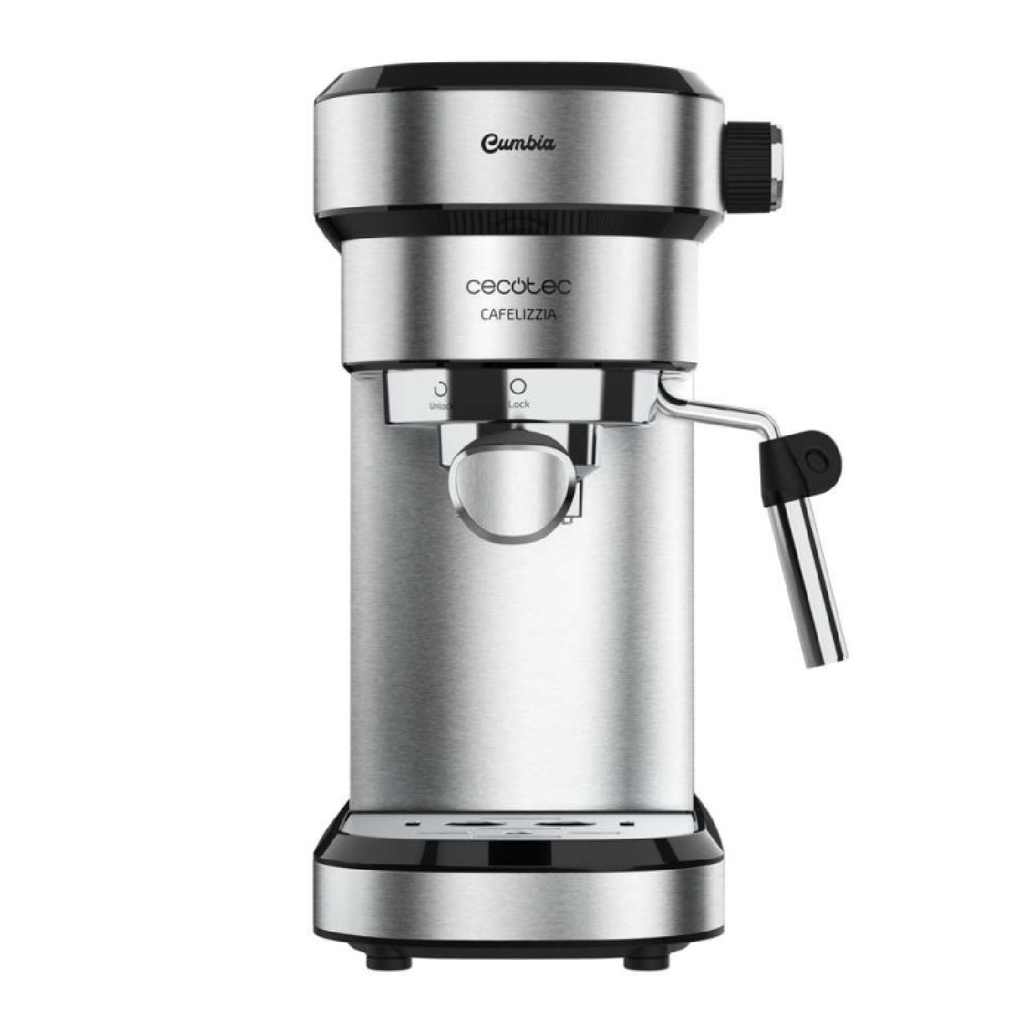Una cafetera exprés plateada Cecotec Cafelizzia con vaporizador sobre fondo blanco.