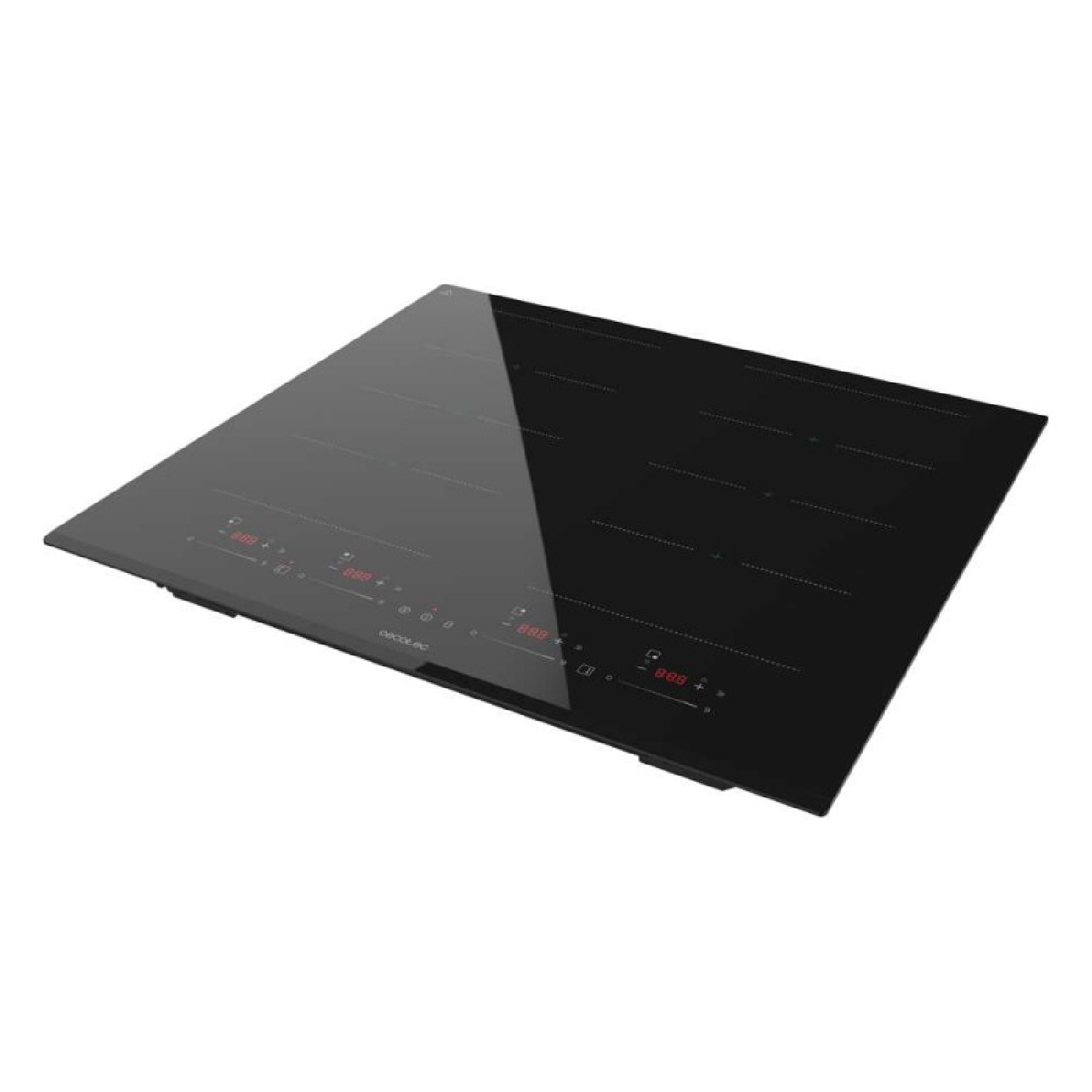 Una placa de inducción negra y elegante con pantallas LED rojas y controles táctiles sobre fondo blanco.
