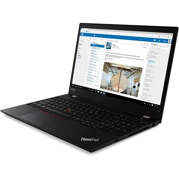 Een zwarte ThinkPad-laptop is geopend entoont een e-mailtoepassing op het beeldscherm tegen een witte achtergrond.