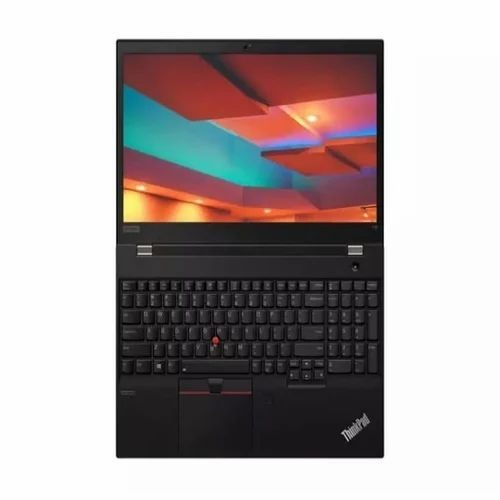 Een zwarte Lenovo ThinkPad laptop met een kleurrijk scherm en geïntegreerd toetsenbord.