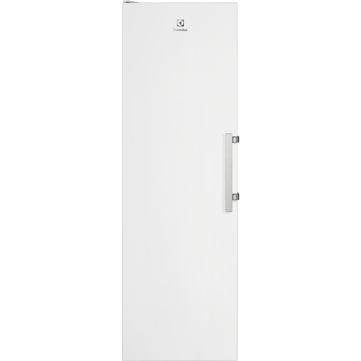 Un refrigerador blanco Electrolux con tirador vertical sobre fondo negro.
