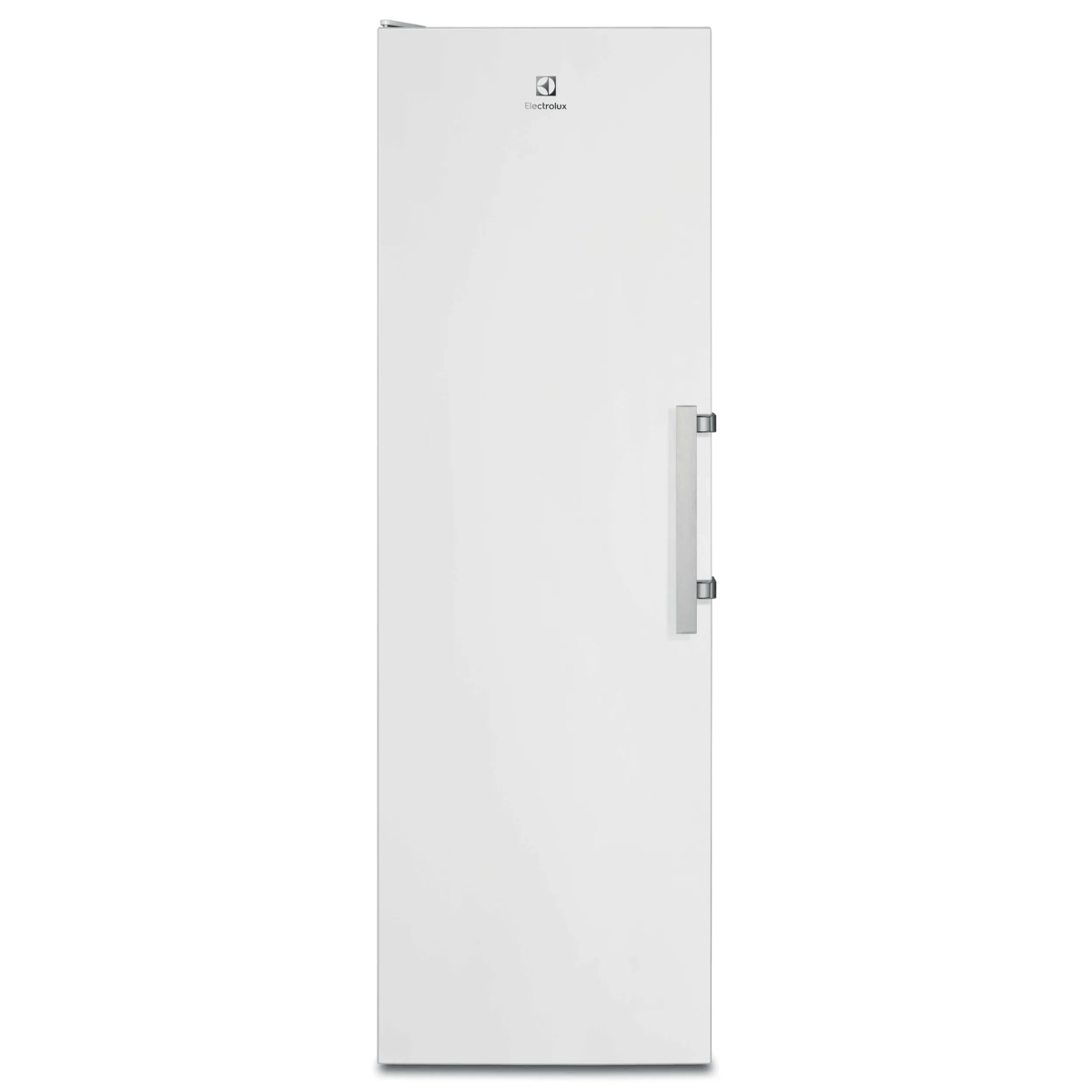 Un congelador vertical Electrolux blanco con tirador plateado sobre fondo blanco.