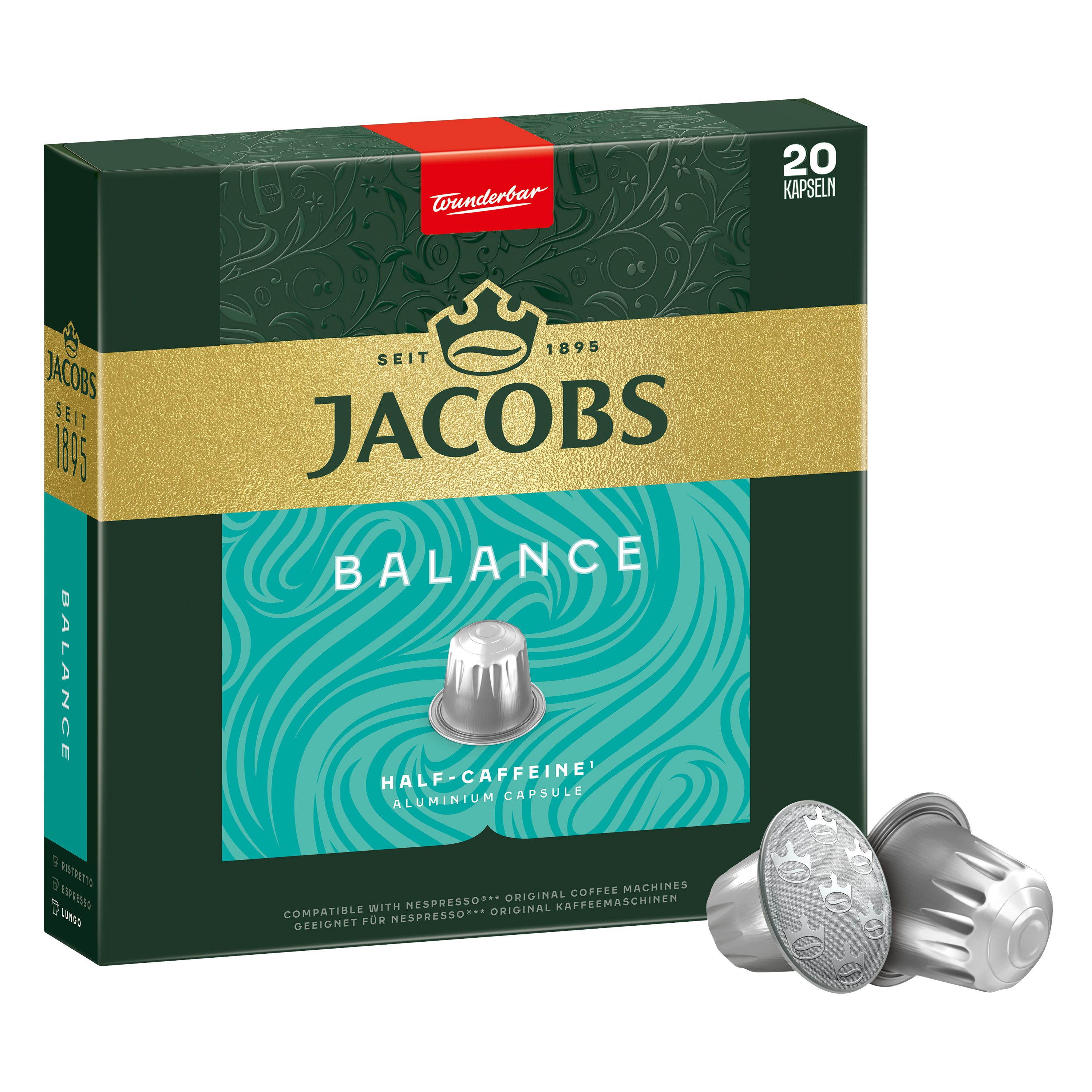 Grüne Jacobs Balance Kaffeekapselverpackung mit zwei Kaffeekapseln vorne.