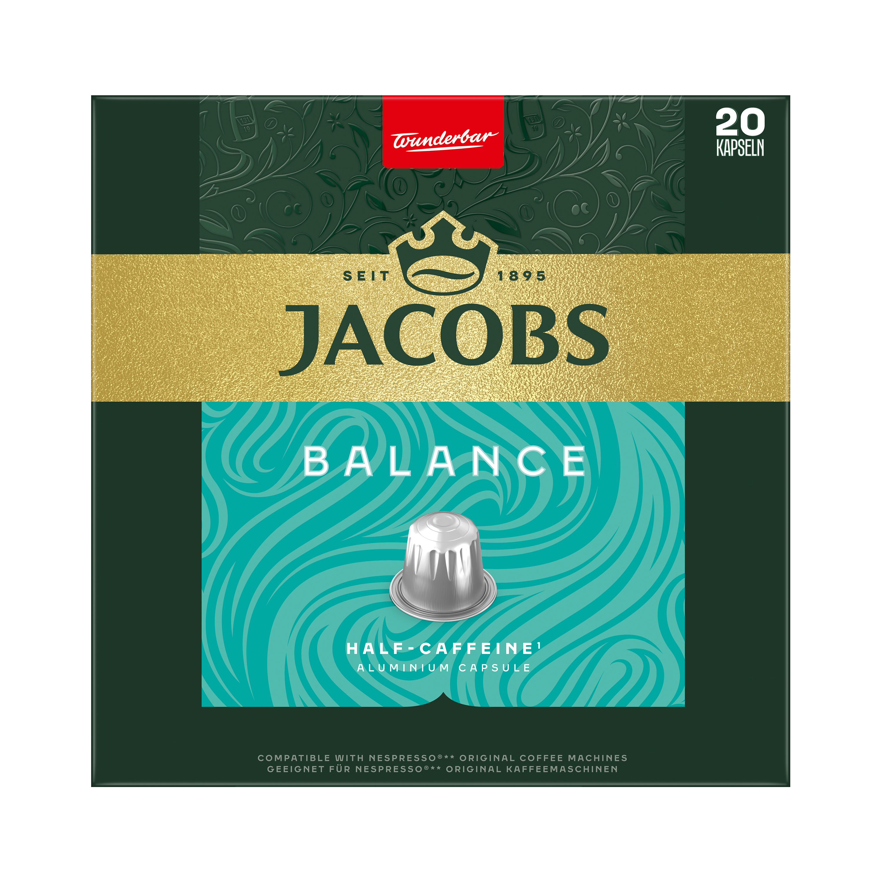 Grüne Jacobs Balance Kaffeekapselverpackung mit 20 Stück und einer silbernen Kapsel auf türkisfarbenem Grund.