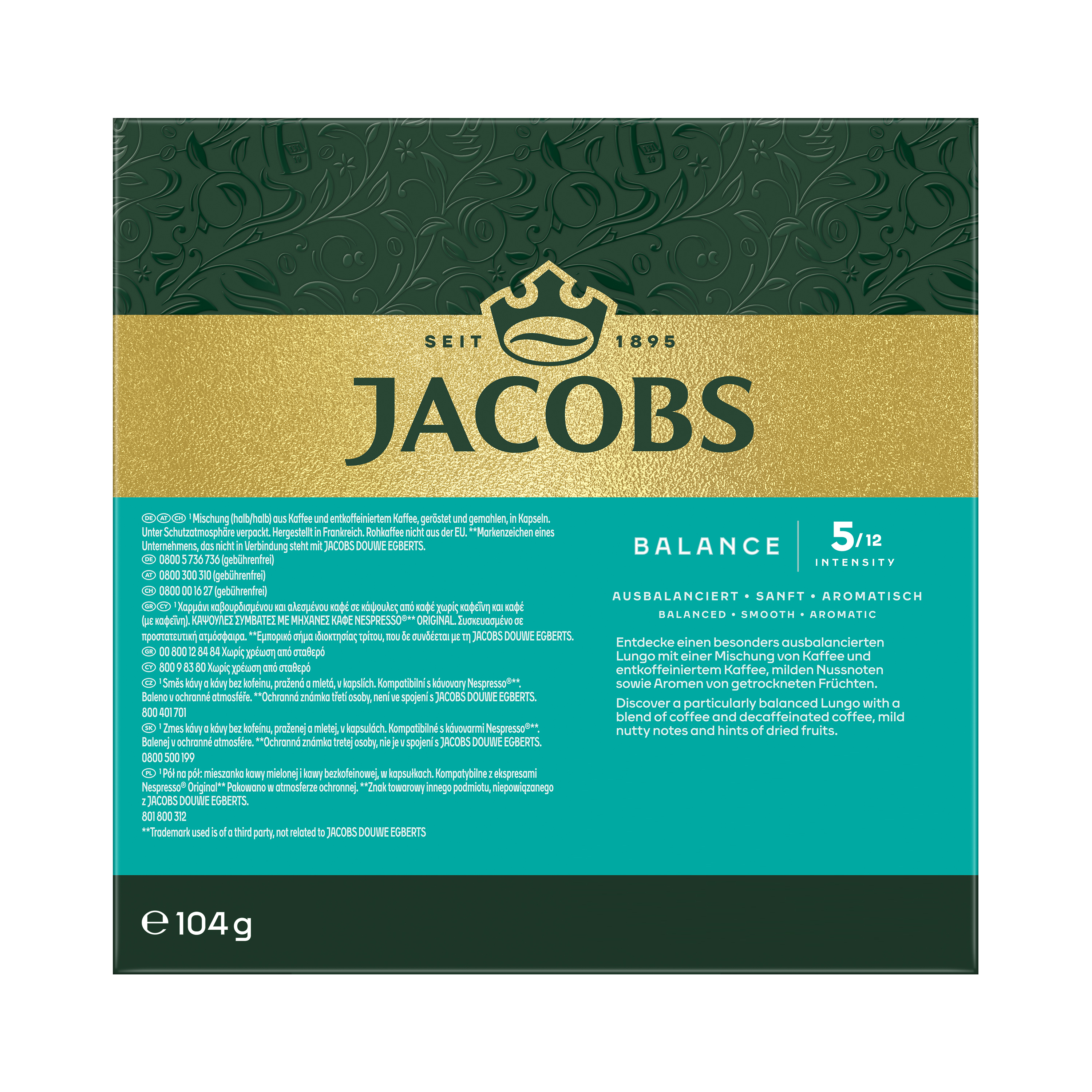 Grüne und goldene Jacobs Balance Kaffeeverpackung mit Text, Kronen-Logo, Intensität 5 und 104g Gewicht.